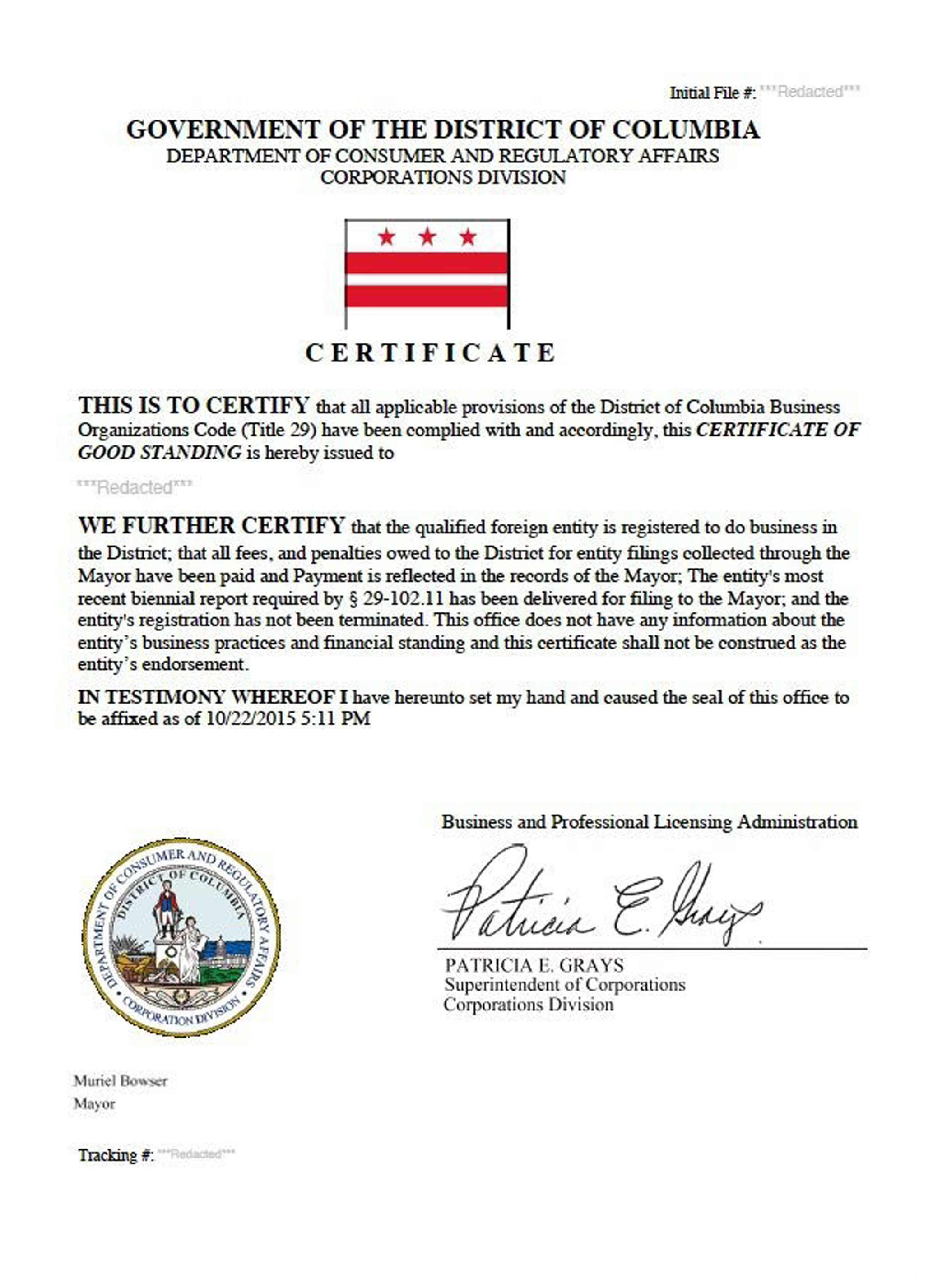 USA District of Columbia certificate of good standing